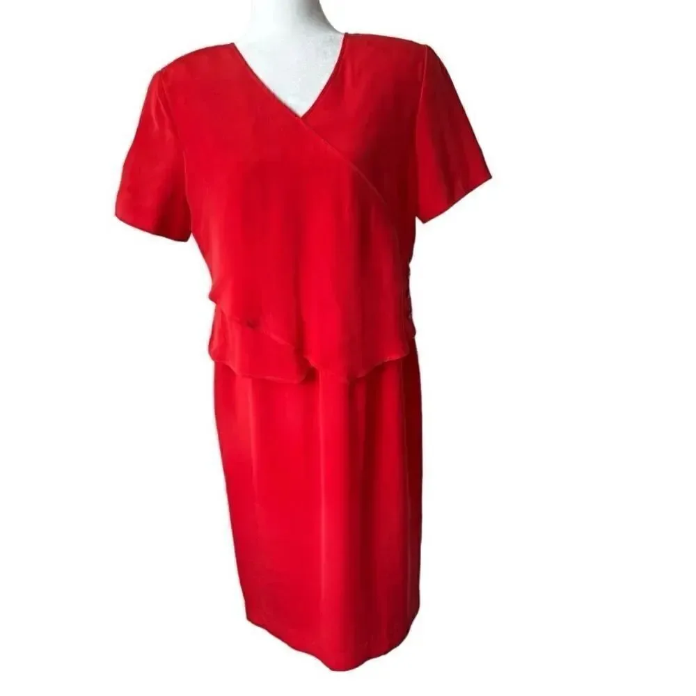 Shomi by Miller Shor Red Dress 100% Silk Short Sleeve Dress SZ 12